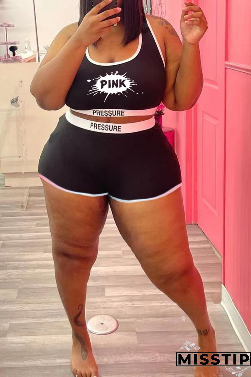 Black Street Print Patchwork U Neck Plus Size Two Pieces