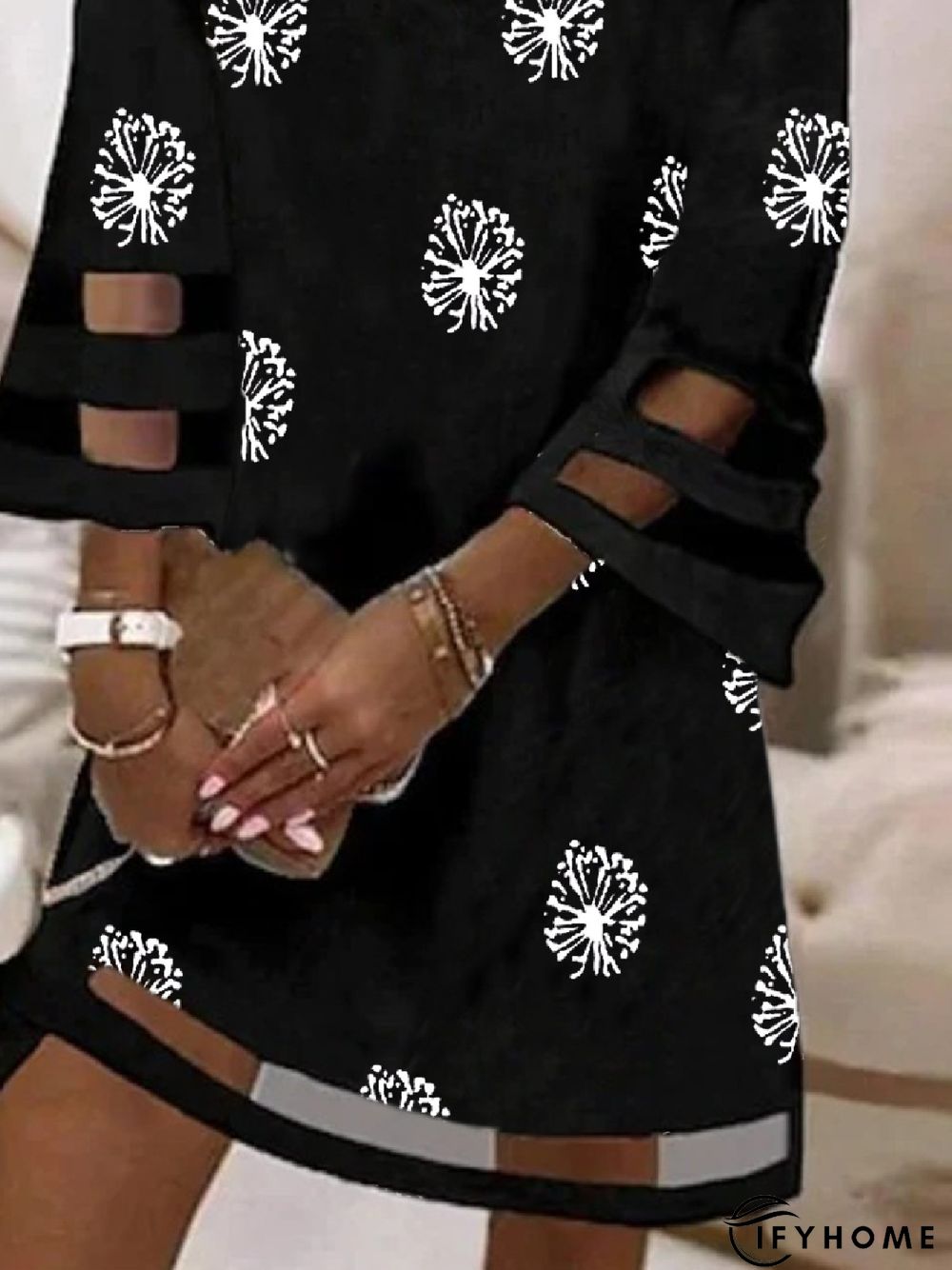 Casual V Neck Dandelion Loose Three Quarter Tunic Dress | IFYHOME