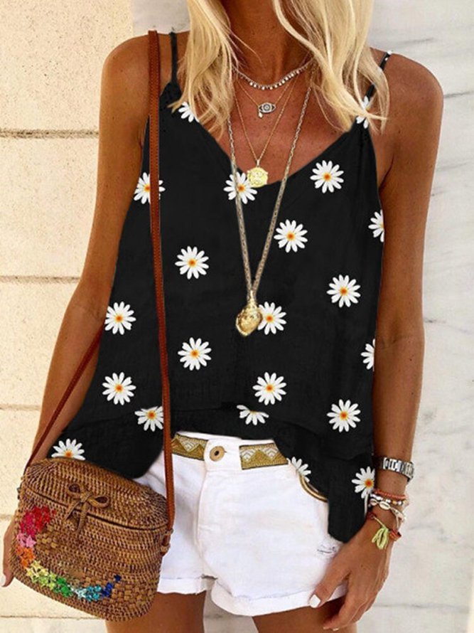 V Neck Floral-print Spaghetti-Strap Casual Shirts & Tops