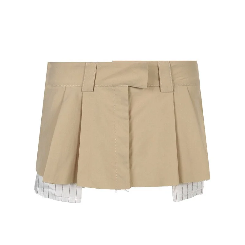 Sweetown Khaki Low Waist Casual Micro Skirt Y2K Aesthetic Preppy Style Pleated Skirts Womens Vintage Patchwork Korean Skirt Mini
