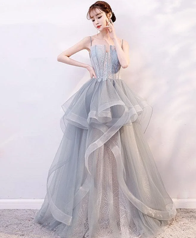 Gray Tulle Lace Long Prom Dress, Gray Tulle Lace Evening Dress