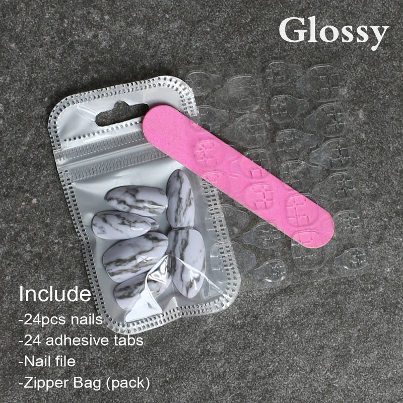 Marble matte Natural texture stiletto nails white medium fake nails glossy False nails point Tip high quality 24pcs full sets-Nail Inspo