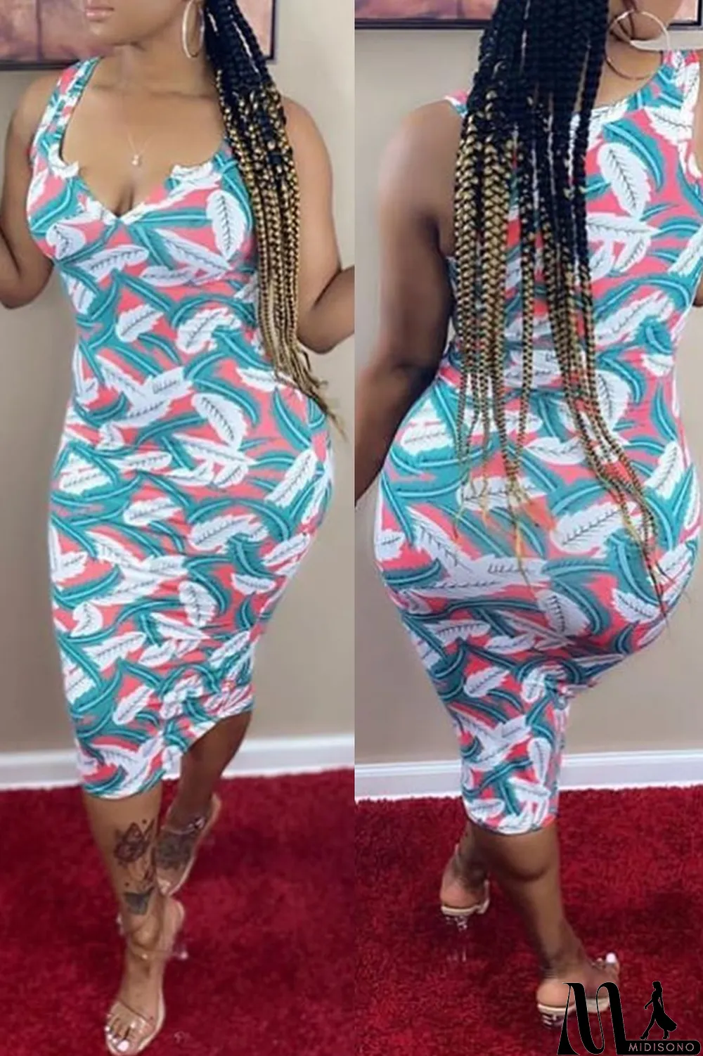 MidiSono - Sky Blue Fashion Sexy Print Basic V Neck Vest Dress