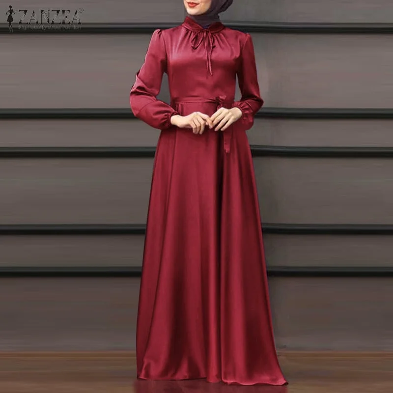 ZANZEA Elegant Spring Long Sleeve Solid Maxi Long Satin Dress Women Sundress Dubai Abaya Hijab Muslim Dress Robe Lace Up Vestido