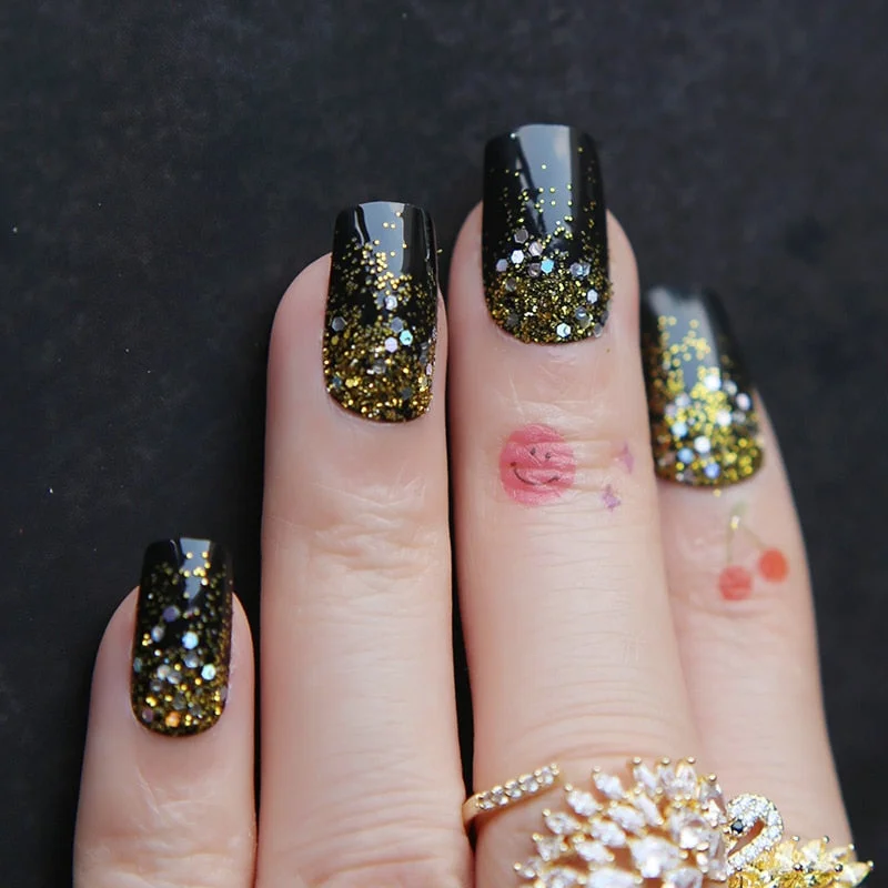 Square rectangular Natural acrylic false nails Ombre Glitter Beige Fake nails Art Golden glitter-Nail Inspo