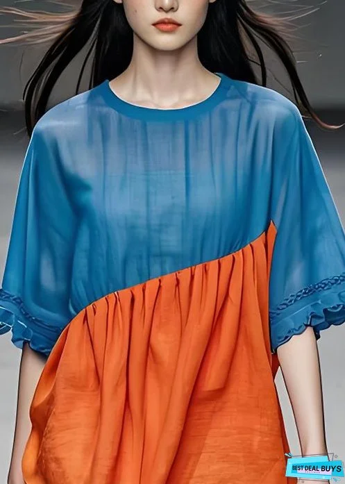 Plus Size Colorblock O Neck Wrinkled Patchwork Cotton Top Summer