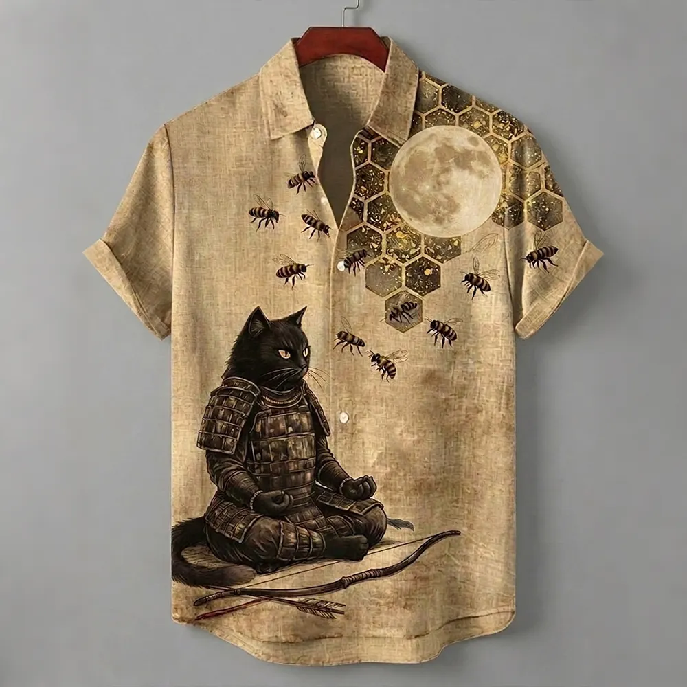 Men's Japanese Warrior Armor Meditation Cat Art Pattern Casual Linen Shirt  artssus