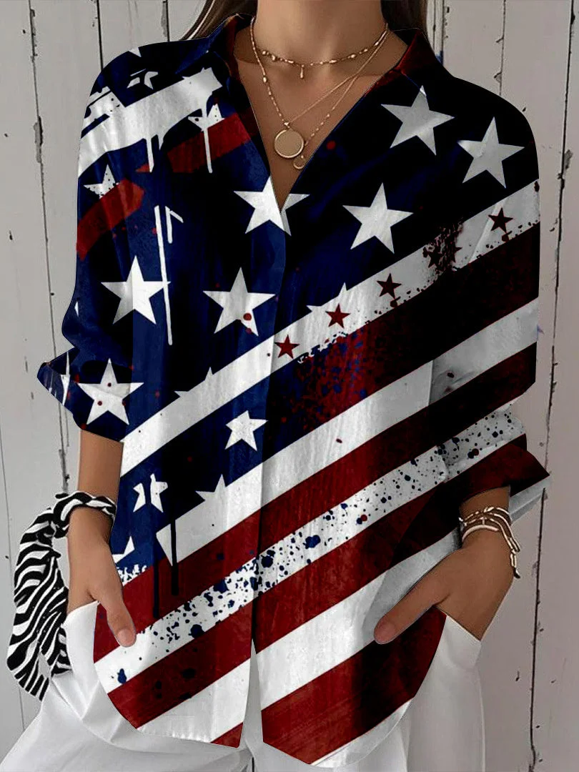 Women 3/4 Sleeve Shirt Collar National Flag Striped Printed Graphic Button Tops