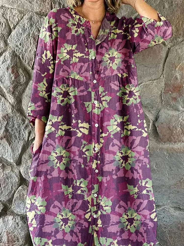 Women's Elegant Floral Pattern Cotton and Linen Dress