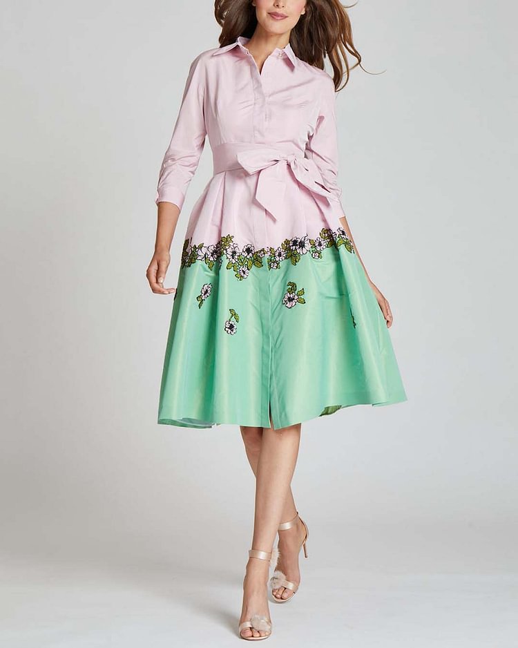 Elegant Colorblock Floral Print Shirt Dress