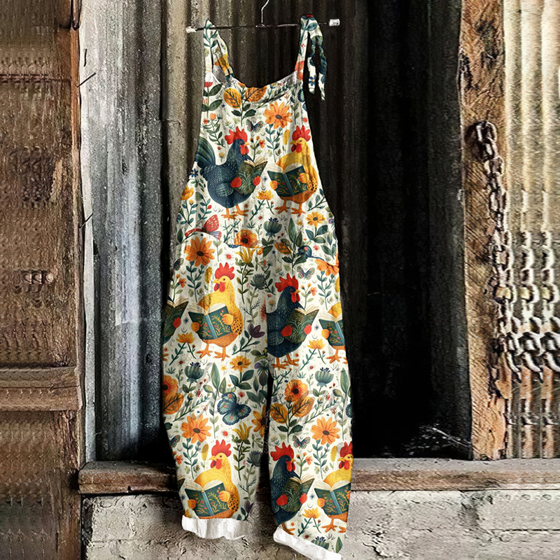 Comstylish Vintage Chicken Floral Linen Blend Loose Casual Jumpsuit