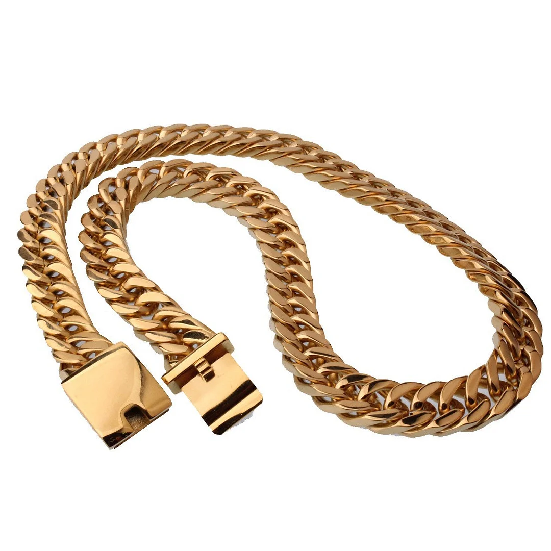 Miami Cuban Link Chain Set For Men 18K Gold Plated Titanium Stainless Steel 15mm Curb Bracelet Necklace Diamond Chains