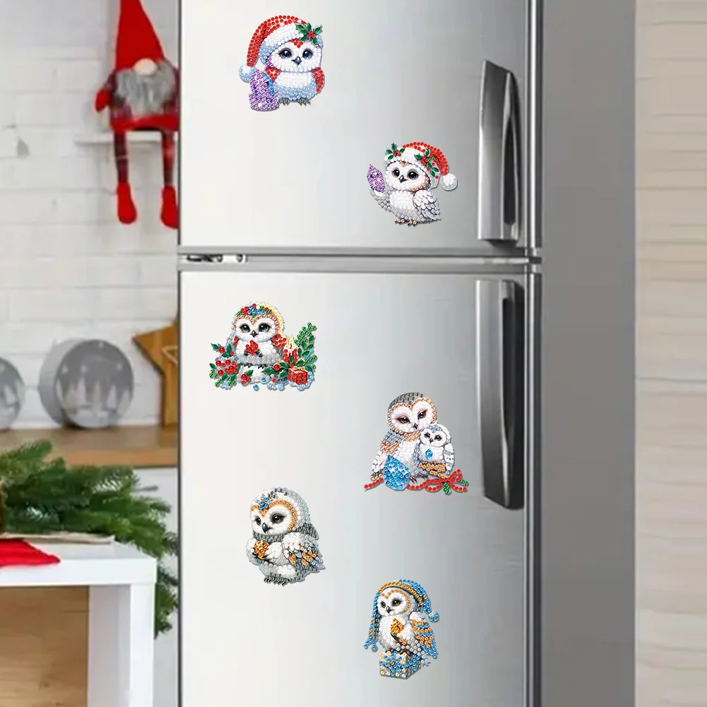 6Pcs Acrylic Christmas Owl Diamond Painting Art Fridge Magnet for Adults