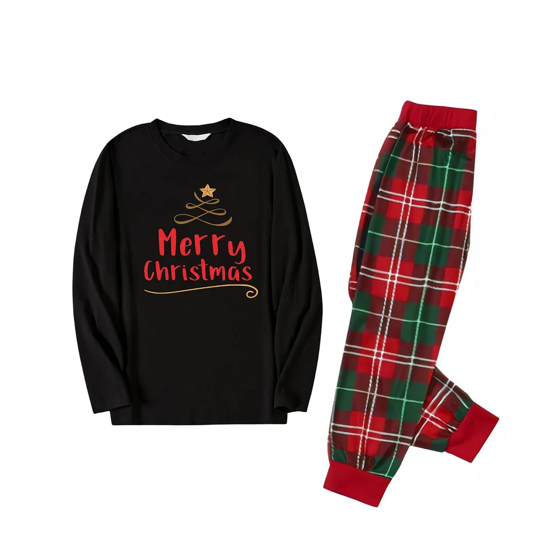 Merry Christmas Under Tree (Gold) - Black Top with Red & Green Plaid Pants Family Matching Pajamas
