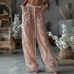 Women's Spring Floral Roses Embroidered Art Print Flowy Linen Blend Casual Pants - Image 2