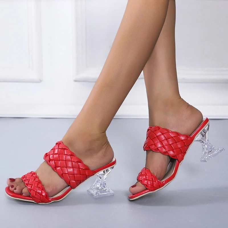 2022 New Summer Women Mules Design Slippers Sandal Slides Braided Cord 7cm Transparent Fretwork Heels Women Shoes Female