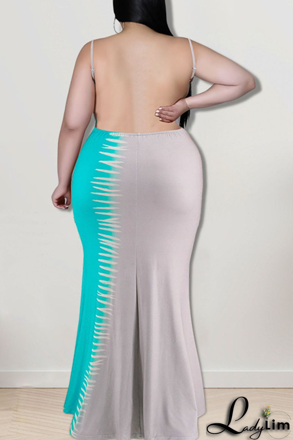 Blue Sexy Print Patchwork Spaghetti Strap Straight Dresses