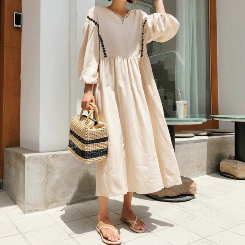 Vintage Puff Sleeve Embroidery Half Sleeve Dress Cotton Linen Dress