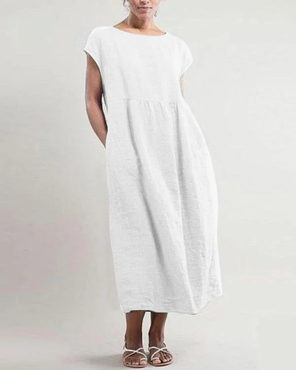 Solid Sleeveless Loose Linen Pocket Dress