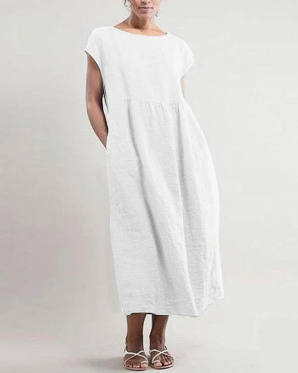 Solid Sleeveless Loose Linen Pocket Dress-