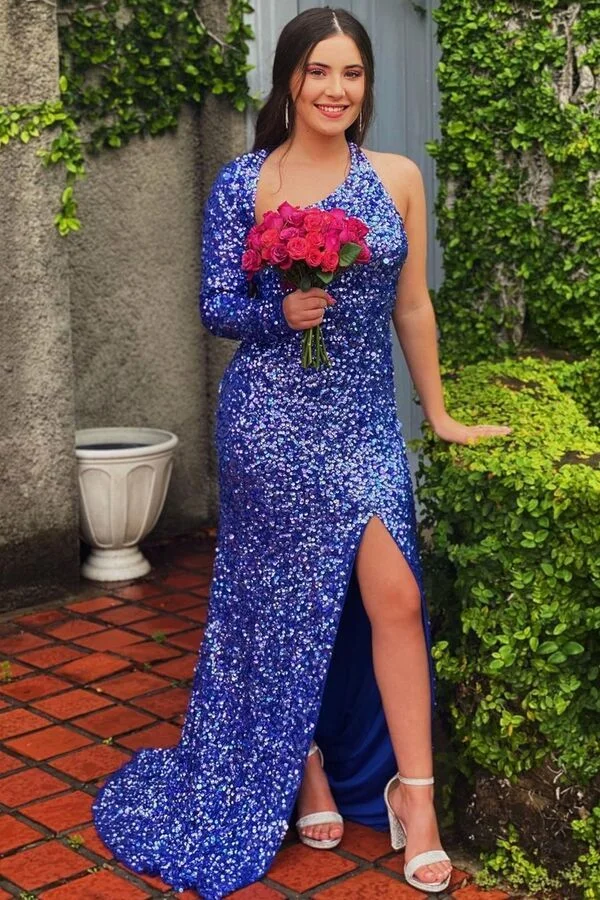 Bellasprom One Shoulder Long Sleeves Prom Dress Sequins Mermaid Slit Blue