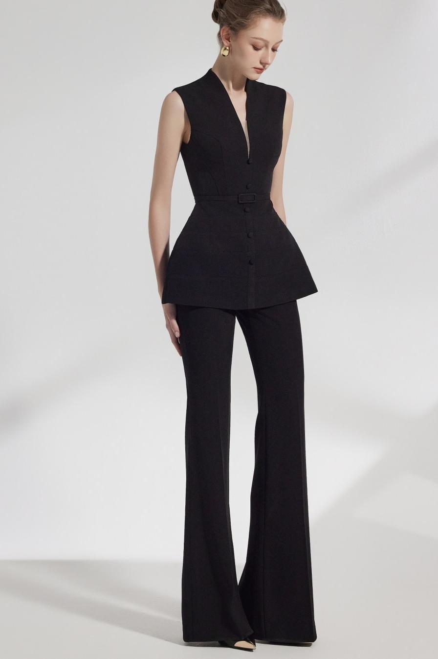 Lussooy Charming Black V Neck Sleeveless A Line Jumpsuit with Wide Leg Pants 
