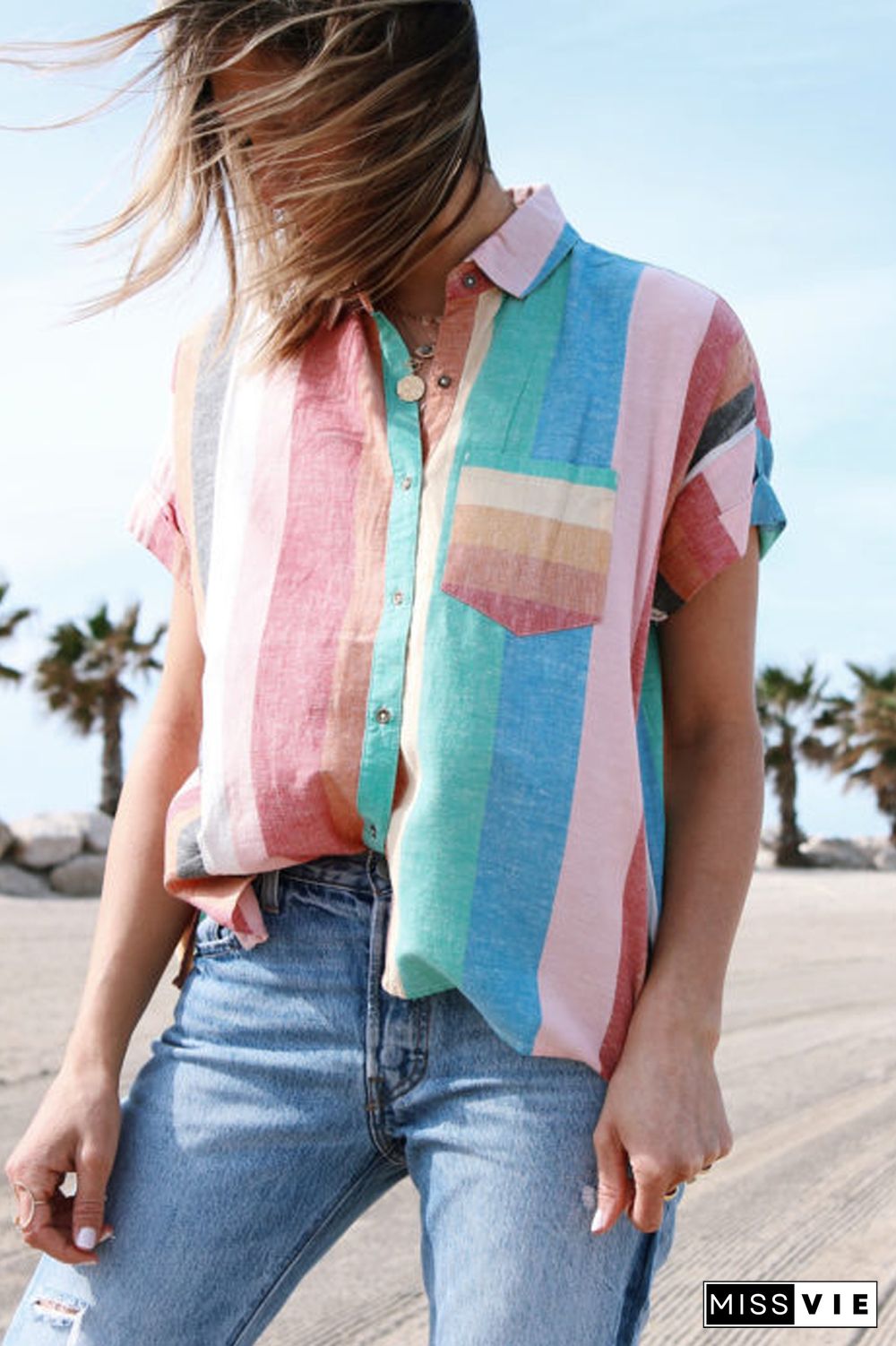 Rainbow Stripe Lapel Blouse