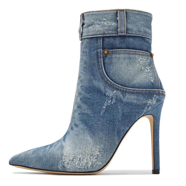 Blue Patchwork Denim Boots Pointed Toe Stiletto Booties for Women |FSJ Shoes