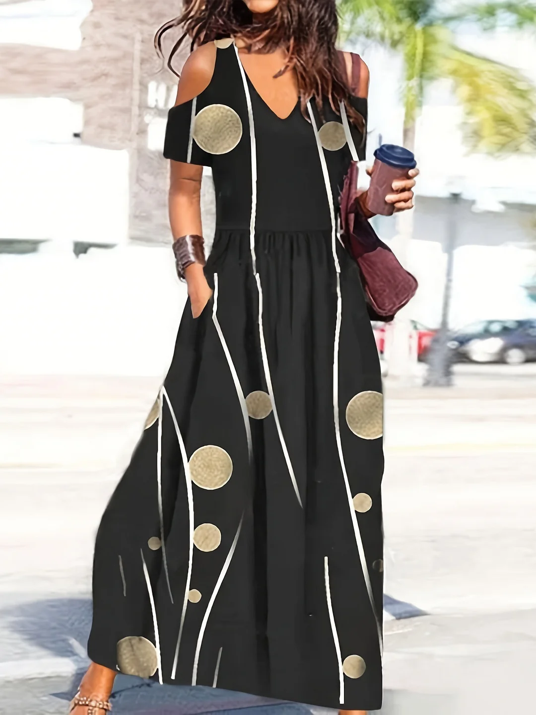 Polka Dot Striped Classic Off-Shoulder Short Sleeve Dress