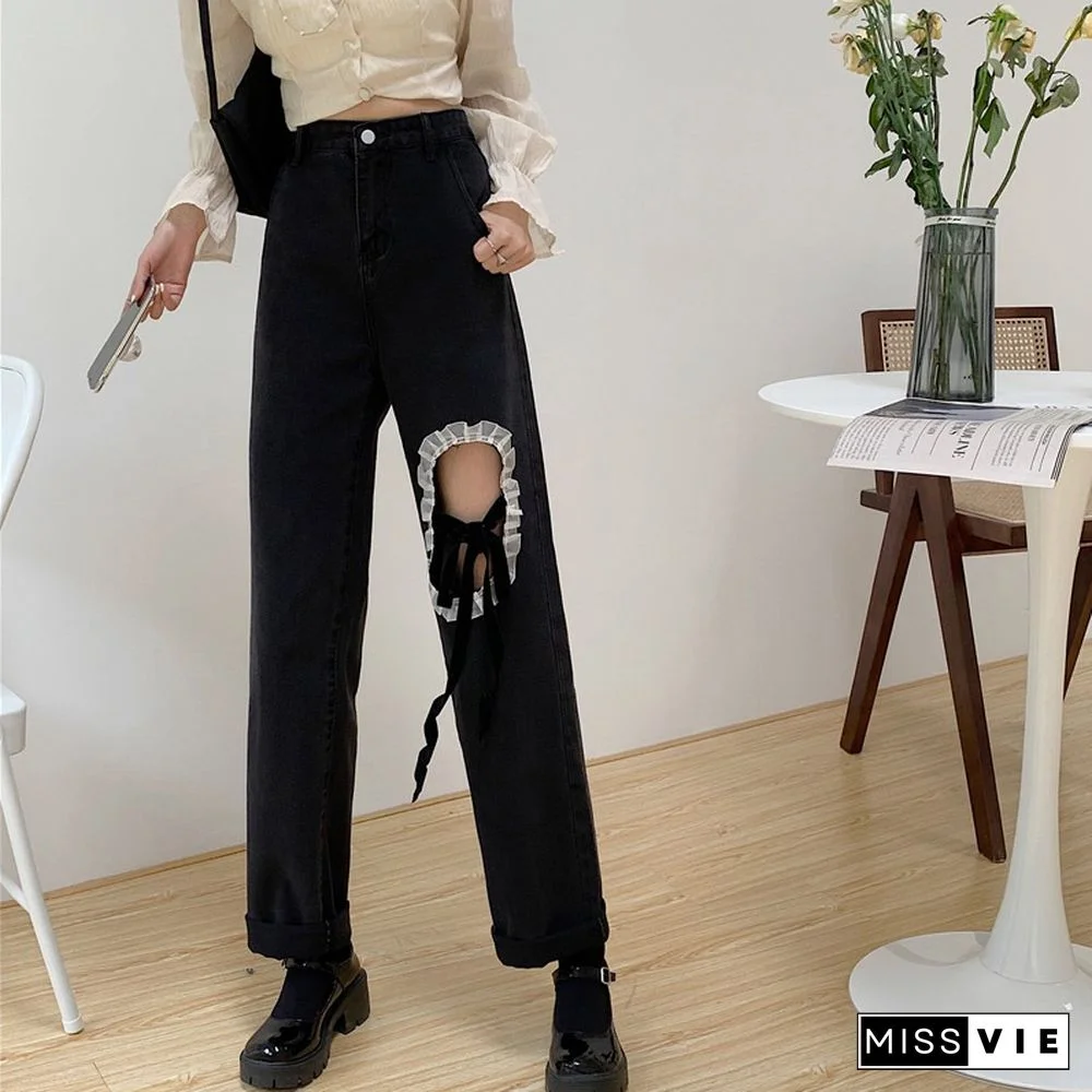 Chic Lace Up Wide Leg Denim Pants