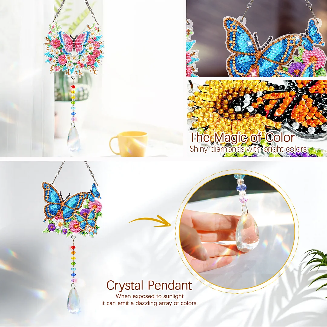 2Pcs Flowers and Butterflies DIY Acrylic Diamond Painting Art Wind Chimes with Crystal Pendant Diamond Art Hanging Pendant Double-Sided for Adults Beginners Gift Home Garden Decor