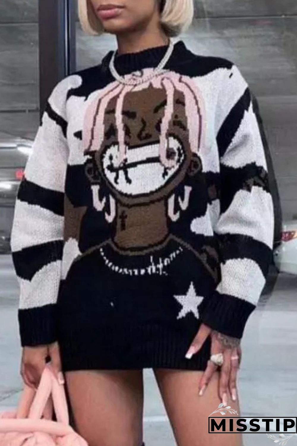 Black Purple Casual Patchwork O Neck Tops