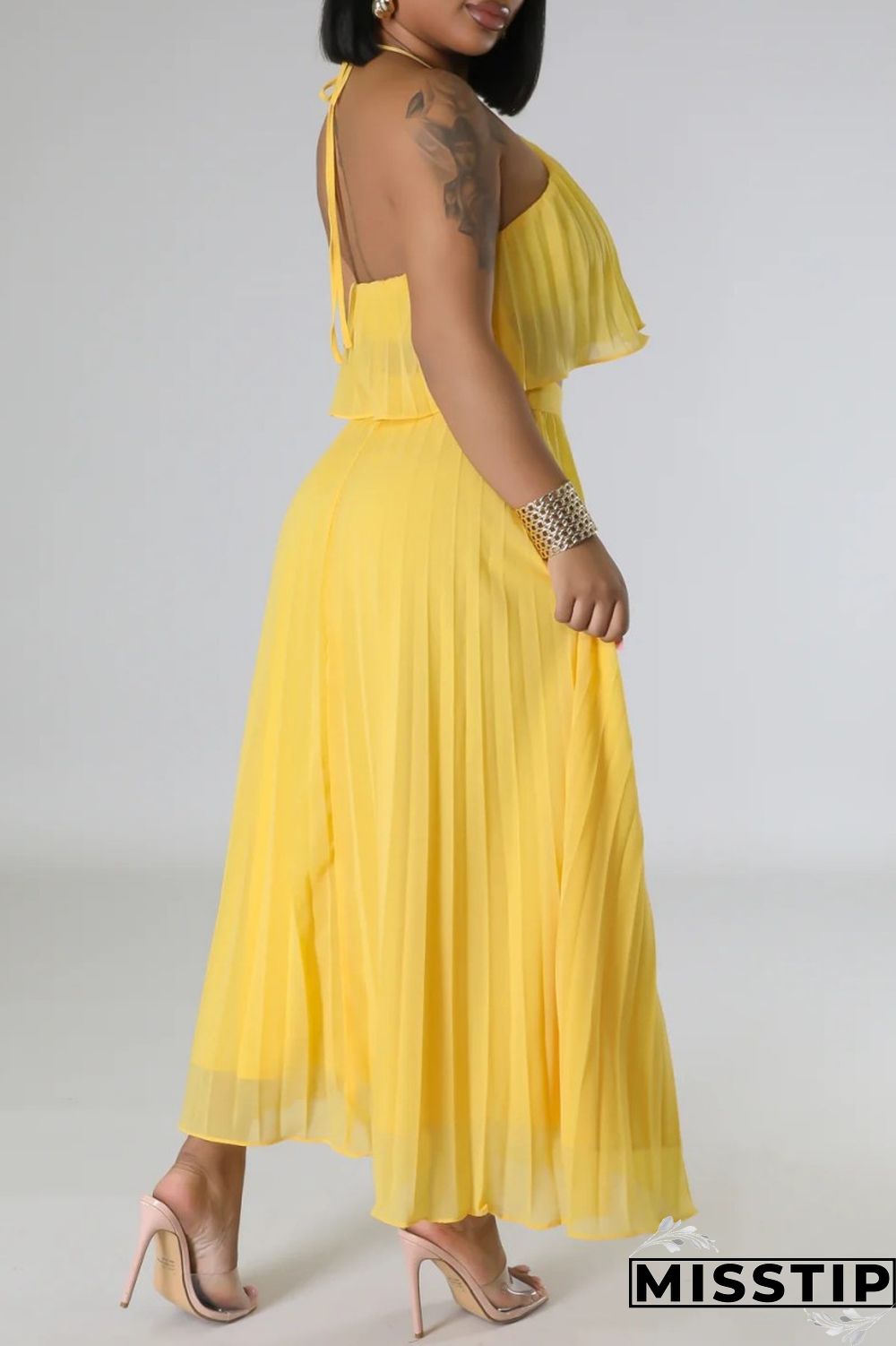 Mint green Casual Solid Bandage Backless Pleated Halter Sleeveless Two Pieces