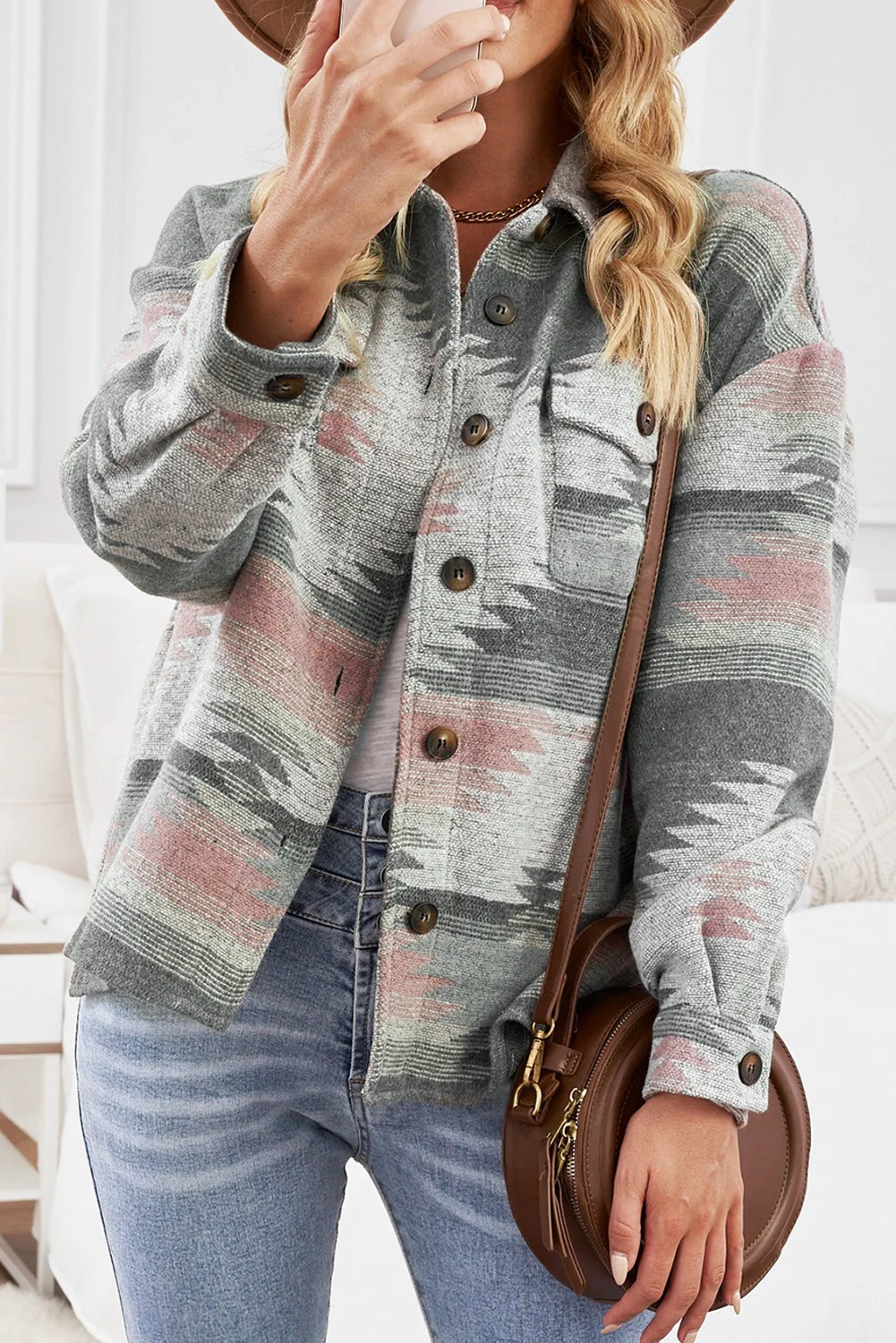 Distressed Aztec Print Lapel Long Sleeve Button Shirt Jacket | IFYHOME