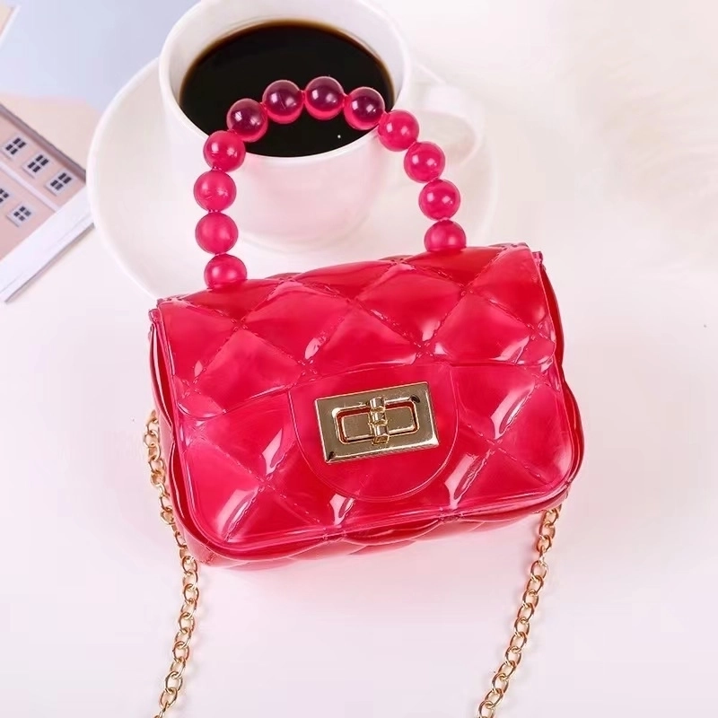 Girl’s Small Pu Leather Solid Color Lingge Cute Pearls Square Lock Clasp Crossbody Bag