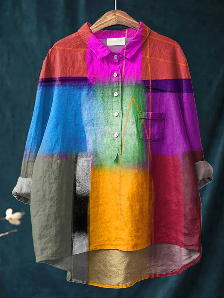 Womens Art Geometric Casual Cotton and Linen Shirt