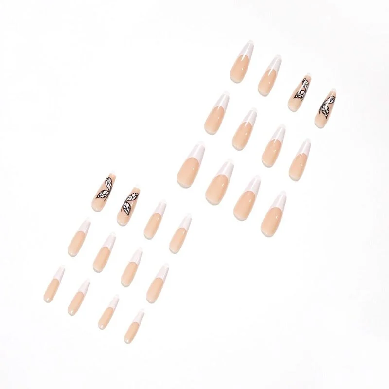 24pcs French False Nails Pretty Black Butterfly Decal Removable Full Ballerina Nail Art Tips Long Faux Press on Nails-Nail Inspo
