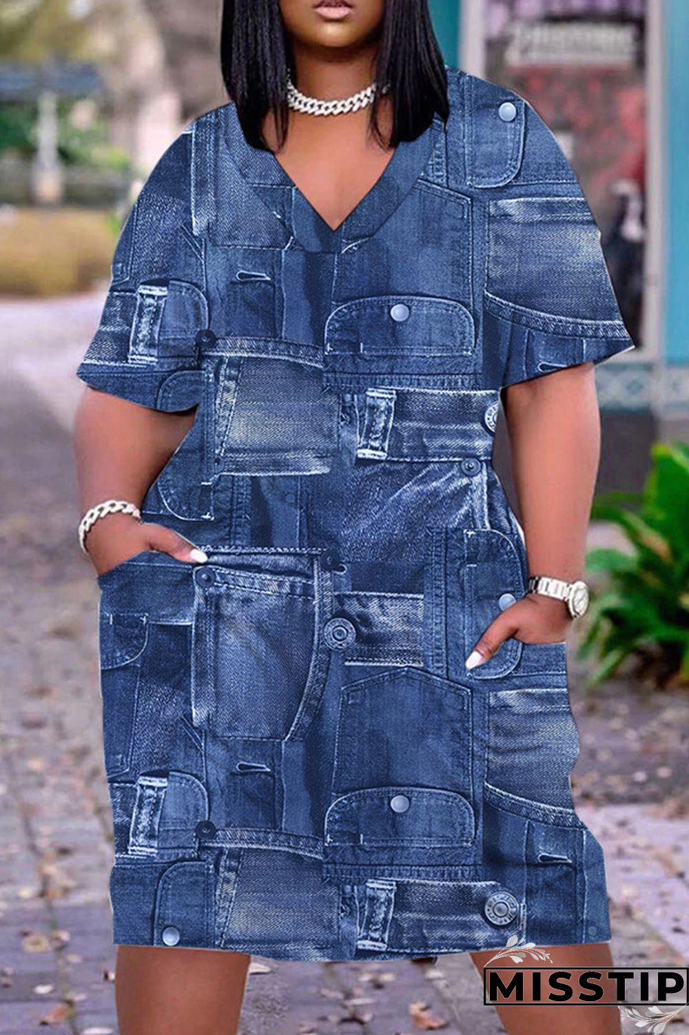 Navy Blue Casual Print Patchwork V Neck Short Sleeve Dress