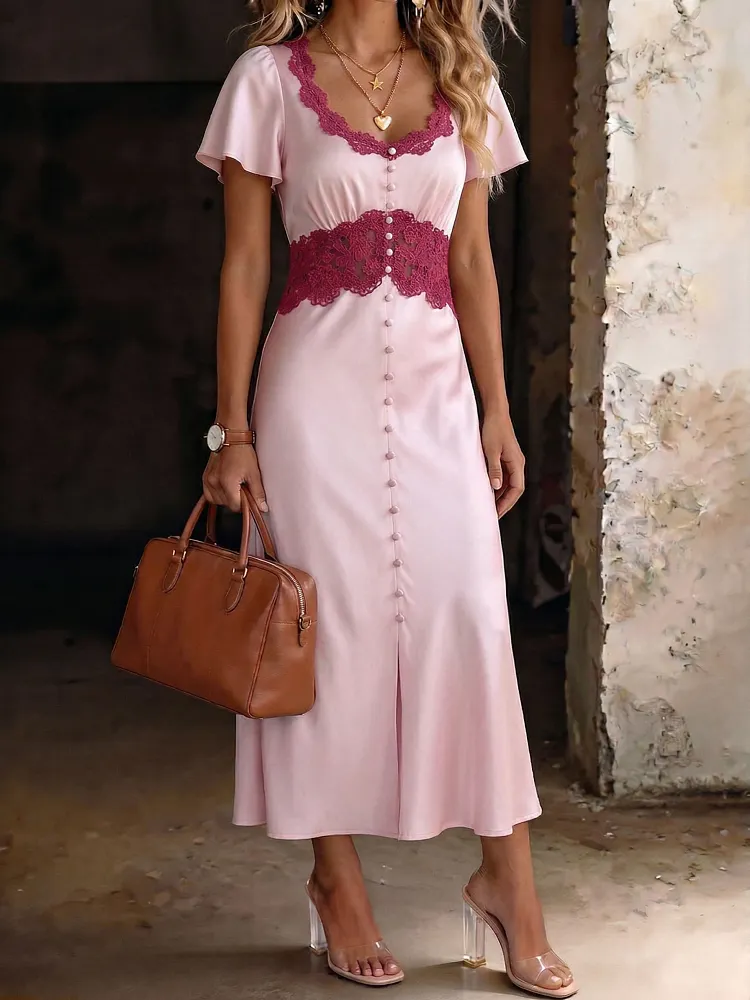 Women's Fashionable Round-neck Lace-panel Short-sleeve Maxi Dress