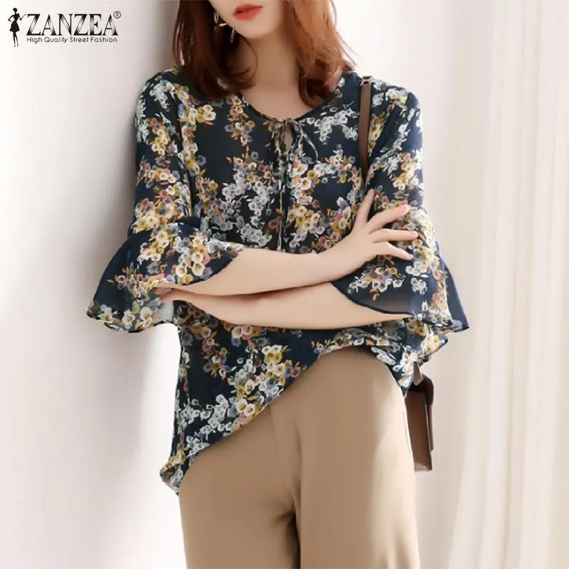 Women Chiffon Blouse ZANZEA 2022 Summer Lace Up Print Tunic Casual Middle Floral Sleeve O-neck Top Lady Blusa Femme 7