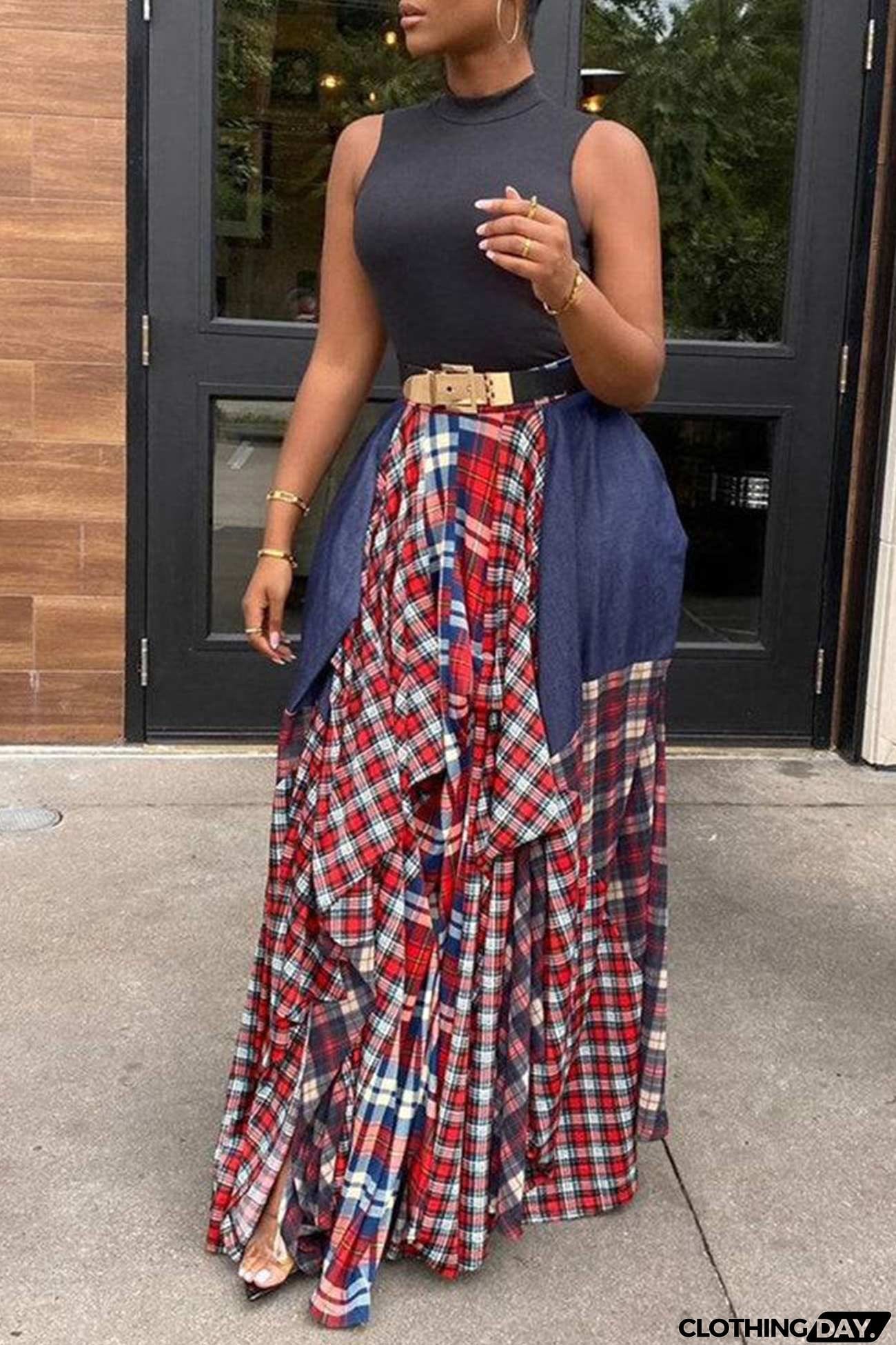 Splicing Plaid Print Skirt