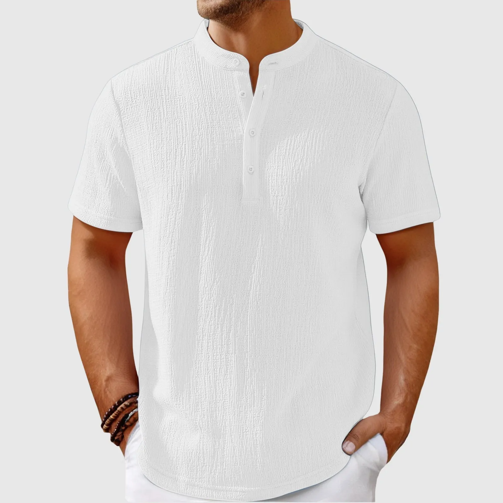 Men's Linen Blend Shirt &ndash; Relaxed Mandarin Collar Summer Style &ndash; White