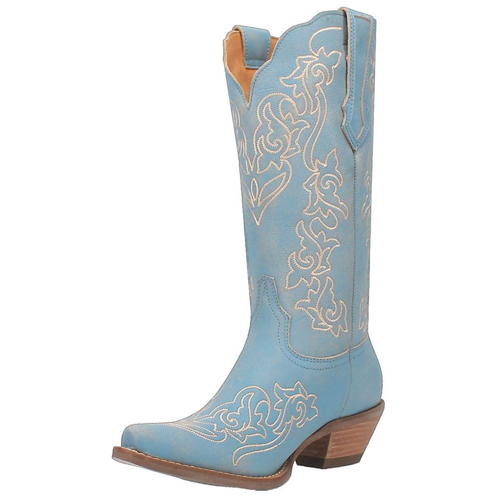 Blue Snip Toe Embroidered Block Heel Mid-Calf Western Boots for Women