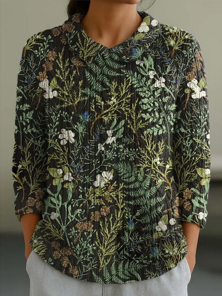 Women's Vintage Floral Art Print Casual Peter Pan Collar 3/4 Sleeve Sweater