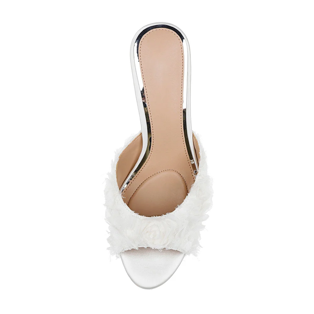 Women's White Satin Peep Toe Comfortable Heeled Mules with Ruffle