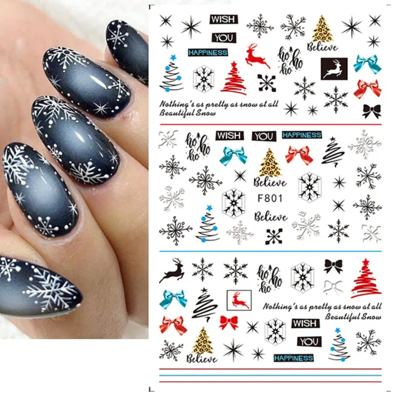 3D Winter Christmas Nail Design Snowflake Bird Leaf New Year Slider Nail Stickers Manicure Colorful Decals Decoration F792-F801