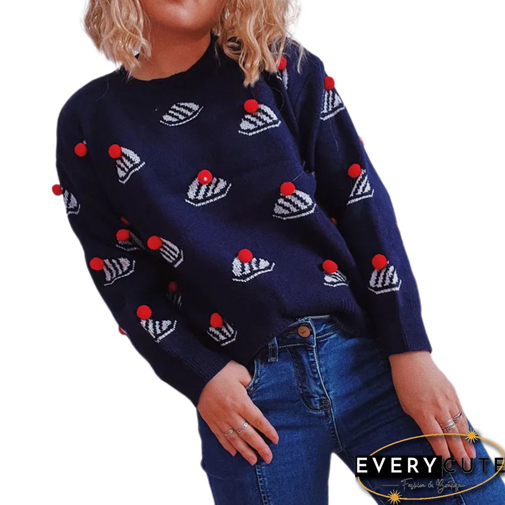 Navy Blue Christmas Hat Print Knit Pullover Sweater