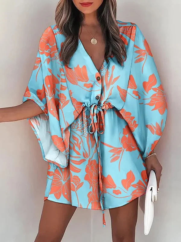 Original Roomy Floral Stamped Contrast Color Tied Mini Shirt Dress