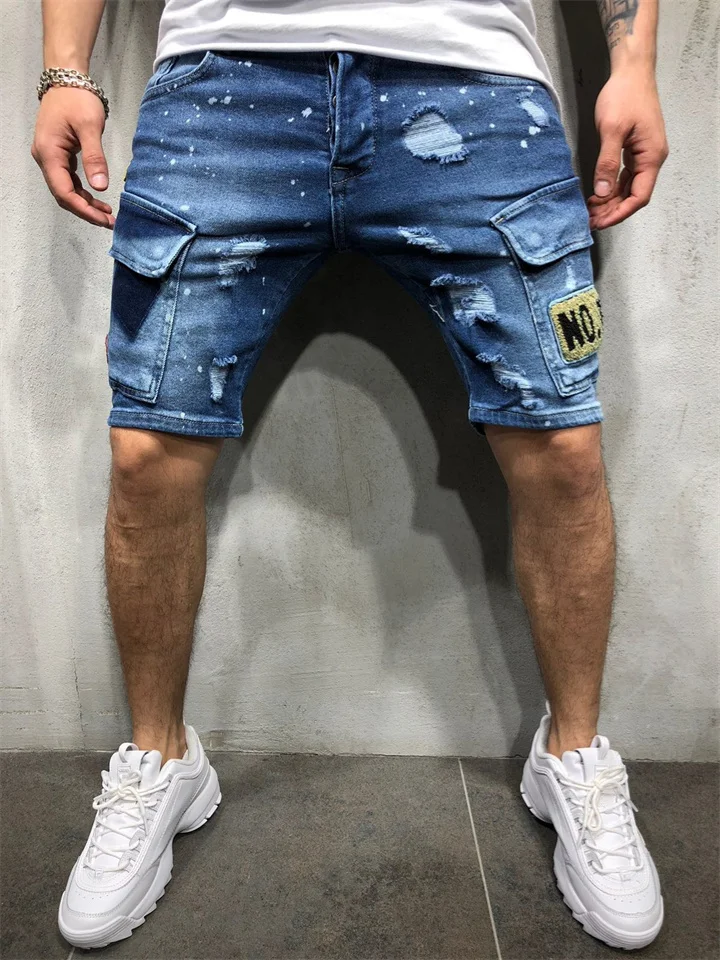 Men's Jeans New Hole Slim Men's Pants Men's Summer Shorts Dark Blue Light Blue