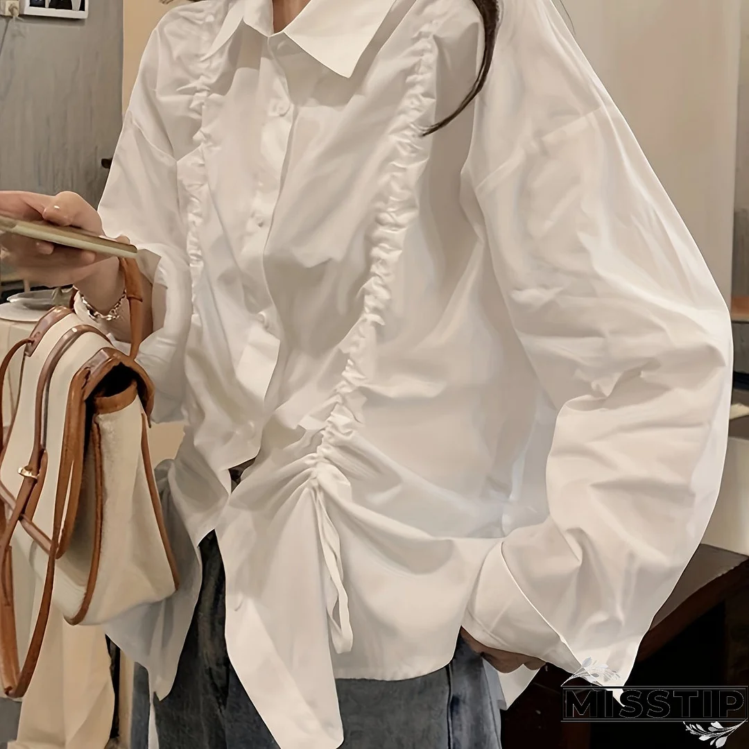 Solid Drawstring Ruched Button Front Shirt, Casual Long Sleeve Drop Shoulder Shirt For Spring & Fall, Women's Clothing